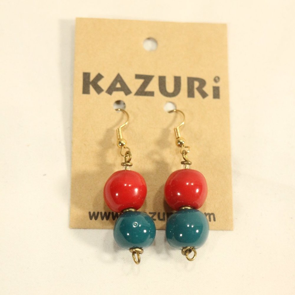 KAZURI Handmade Beaded Red and Green Earrings Sz OS